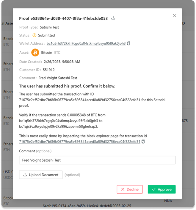 Pop-up - verify data Satoshi test portal